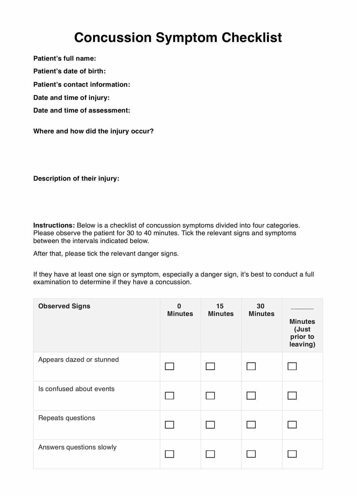 Concussion Symptom Checklist PDF Example