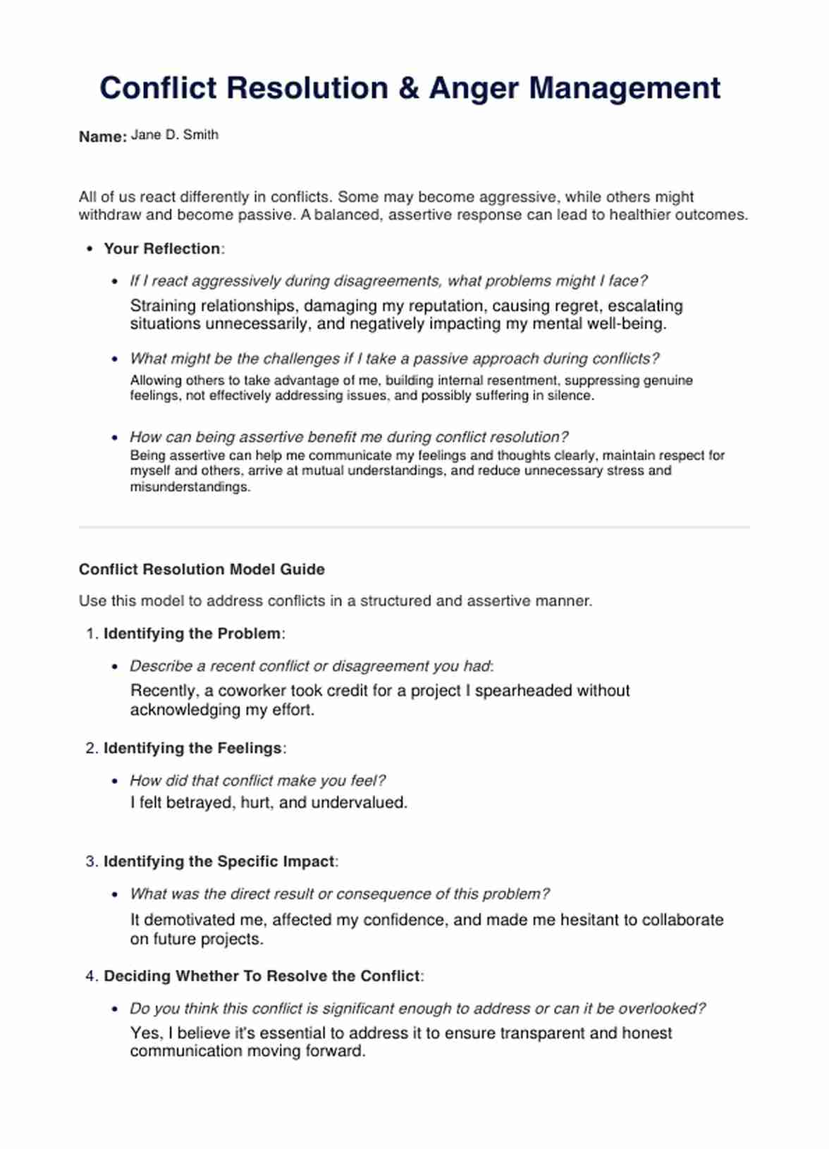 Conflict Resolution Anger Worksheet PDF Example