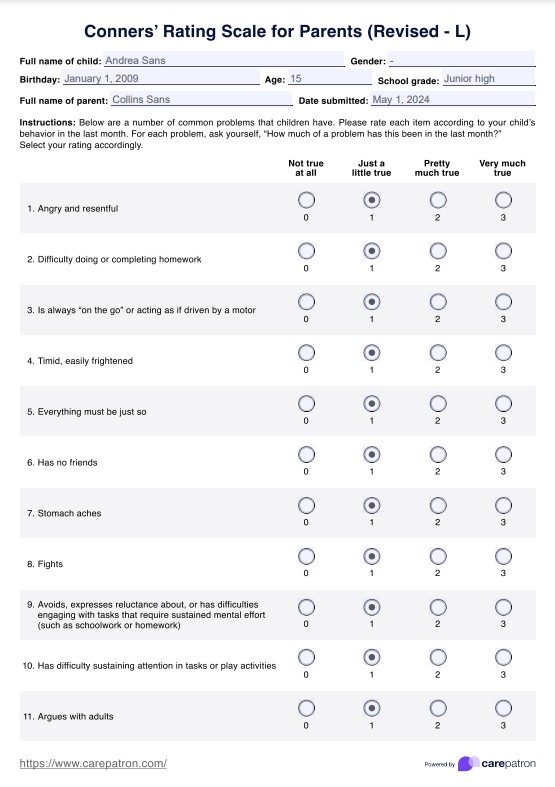 Conners vurderingsskala for foreldre (revidert - L) PDF Example