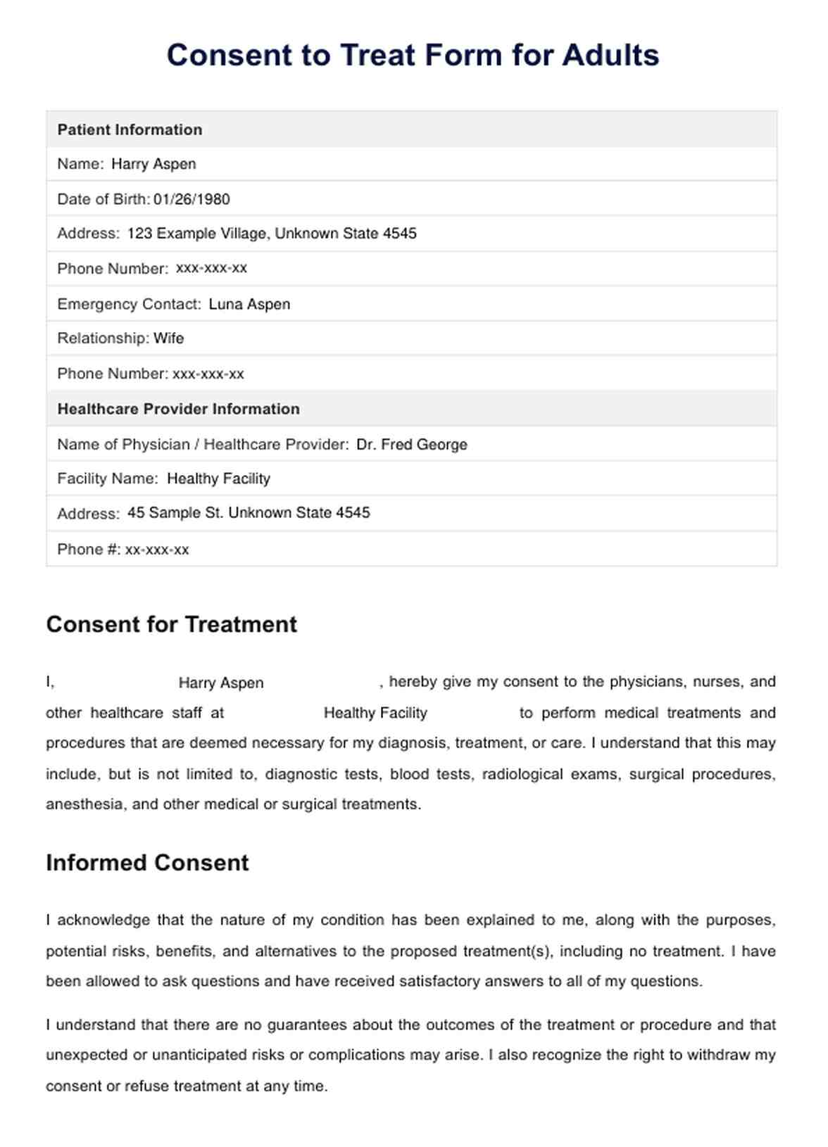 Consent to Treat Form for Adults PDF Example