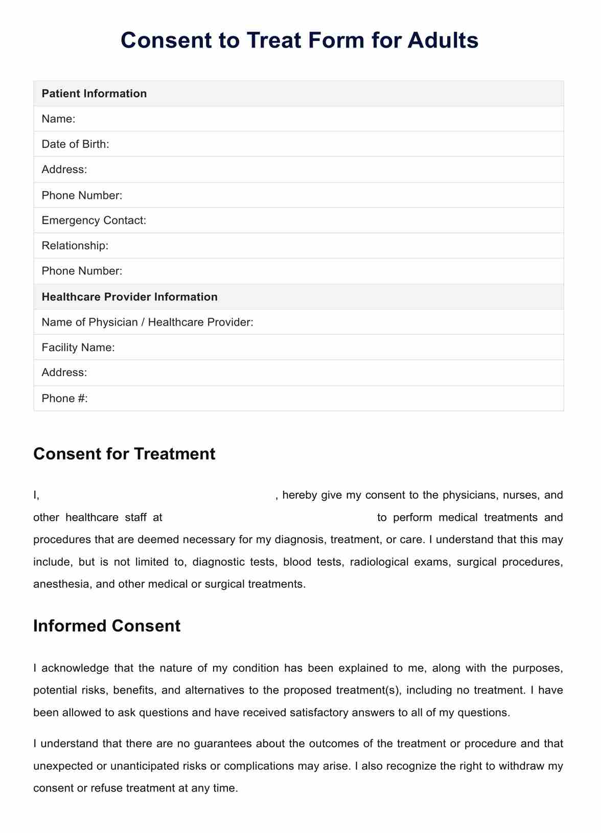 Consent to Treat Form for Adults PDF Example