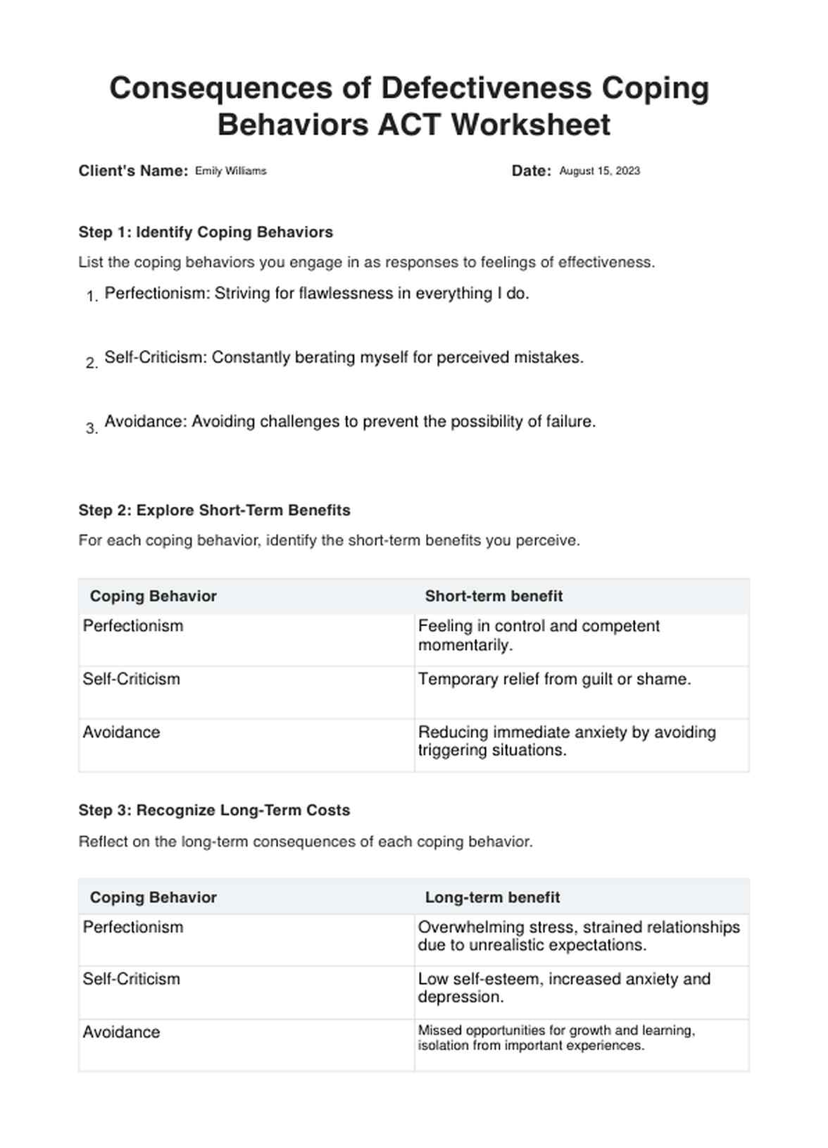 Consequences of Defectiveness Coping Behaviors ACT Worksheet PDF Example