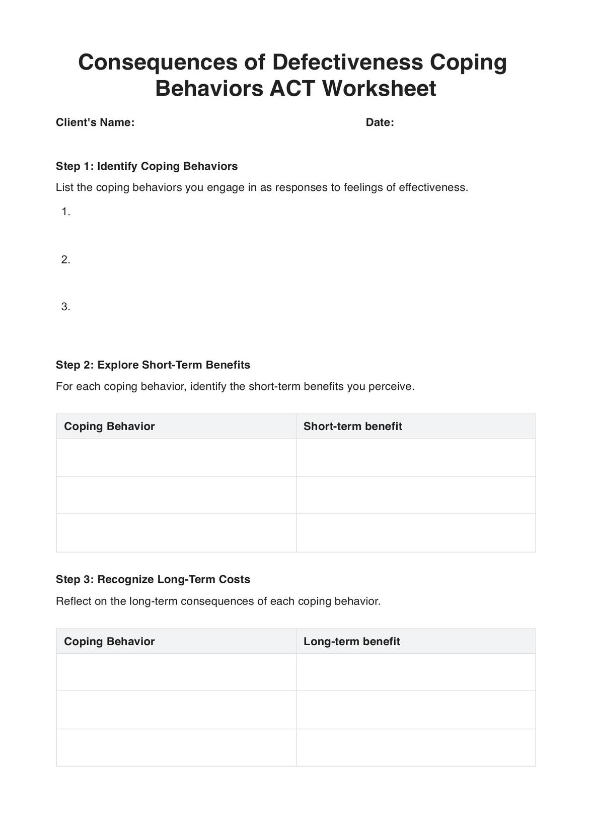 Consequences of Defectiveness Coping Behaviors ACT Worksheet PDF Example