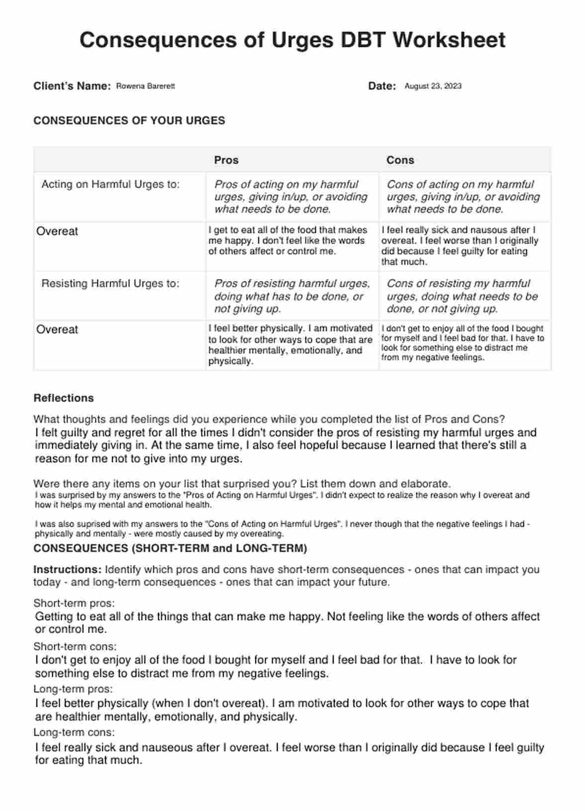 Consequences of Urges DBT Worksheet PDF Example