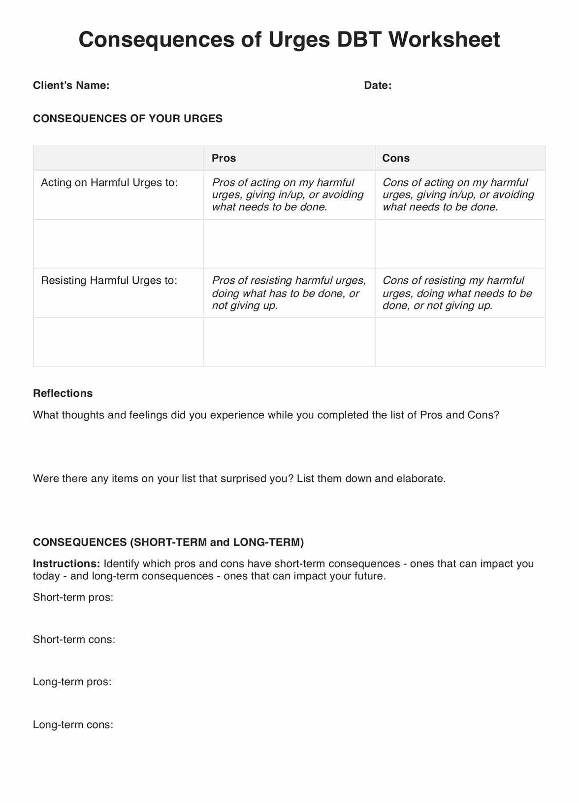 Consequences of Urges DBT Worksheet PDF Example
