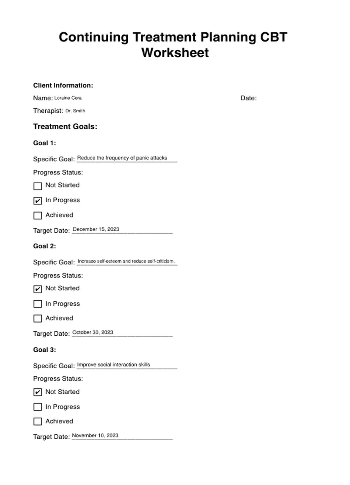 Continuing Treatment Planning CBT Worksheet PDF Example
