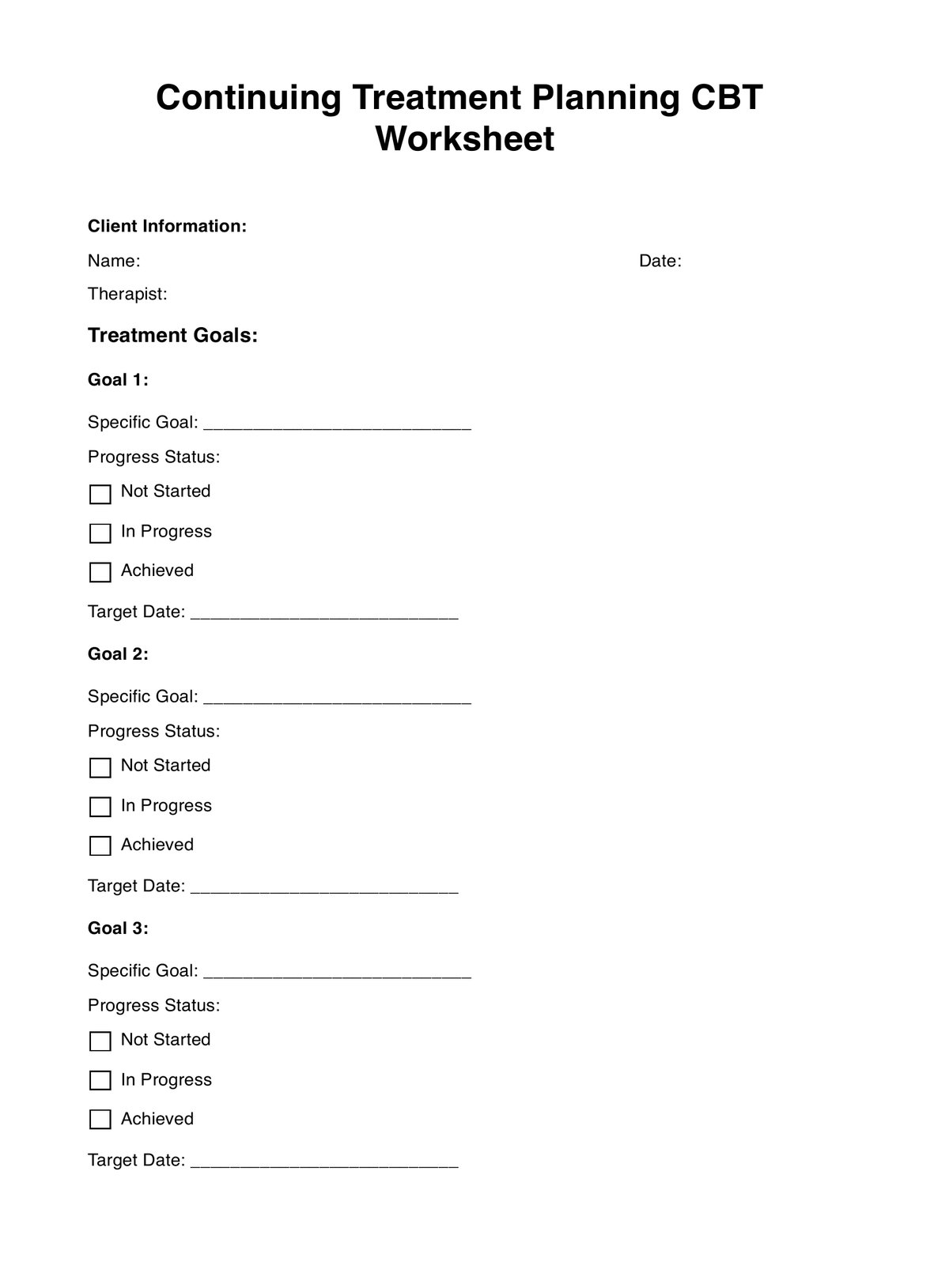 Continuing Treatment Planning CBT Worksheet PDF Example