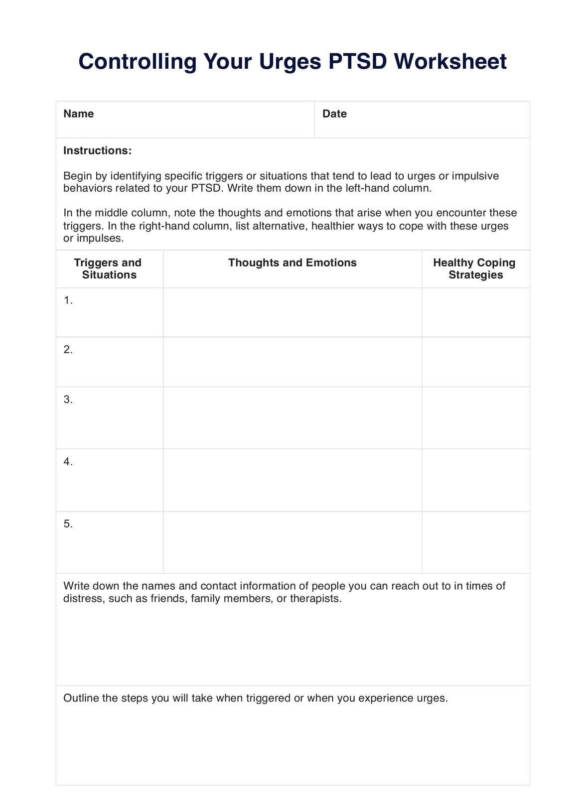Controlling Your Urges PTSD Worksheets PDF Example