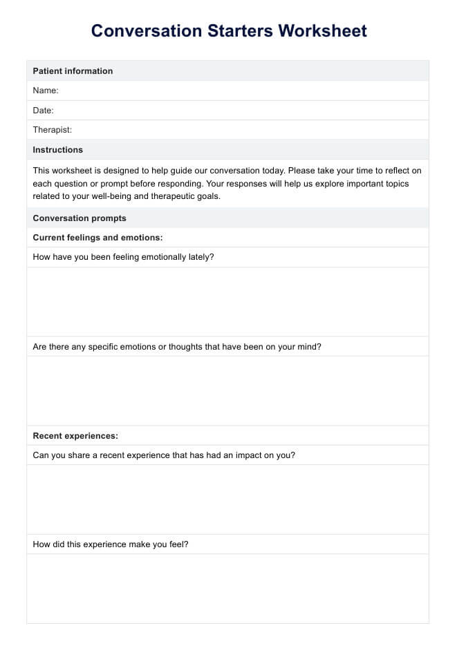 Conversation Starters Worksheet PDF Example