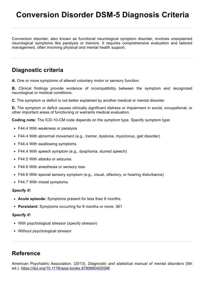 Conversion Disorder DSM-5 Criteria PDF Example