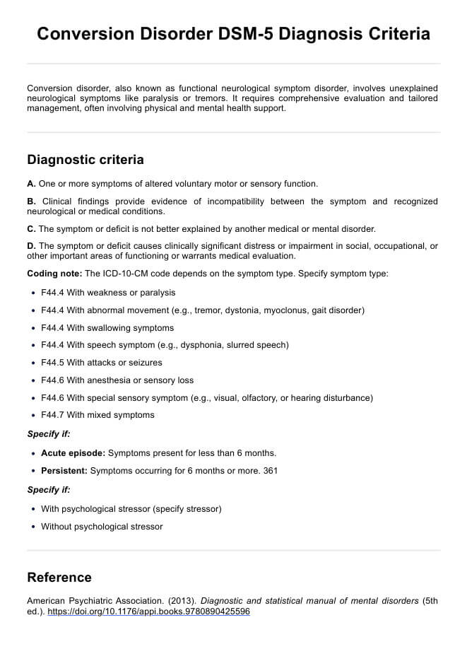 Trastorno de conversión Criterios del DSM-5 PDF Example