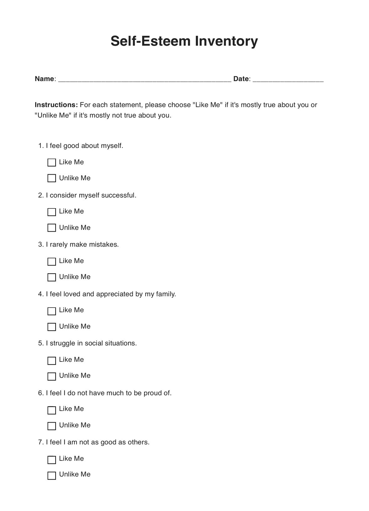 Coopersmith Self-Esteem Inventory (CSEI) PDF Example