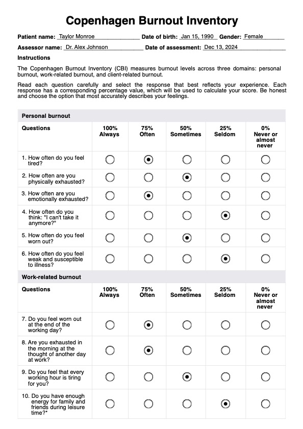 Copenhagen Burnout Inventory PDF Example