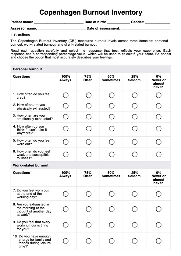 Copenhagen Burnout Inventory PDF Example