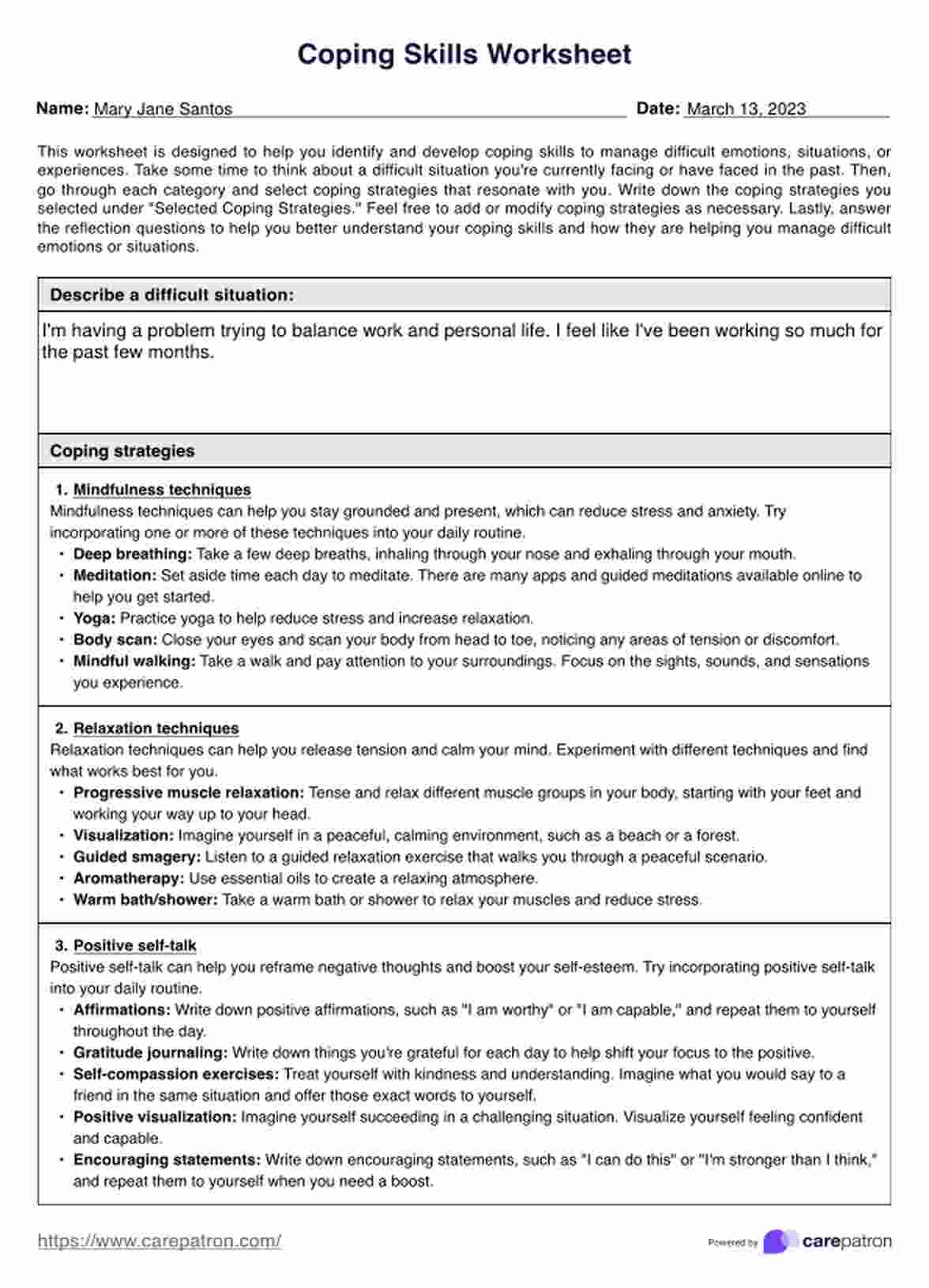 Coping Skills Worksheets PDF Example