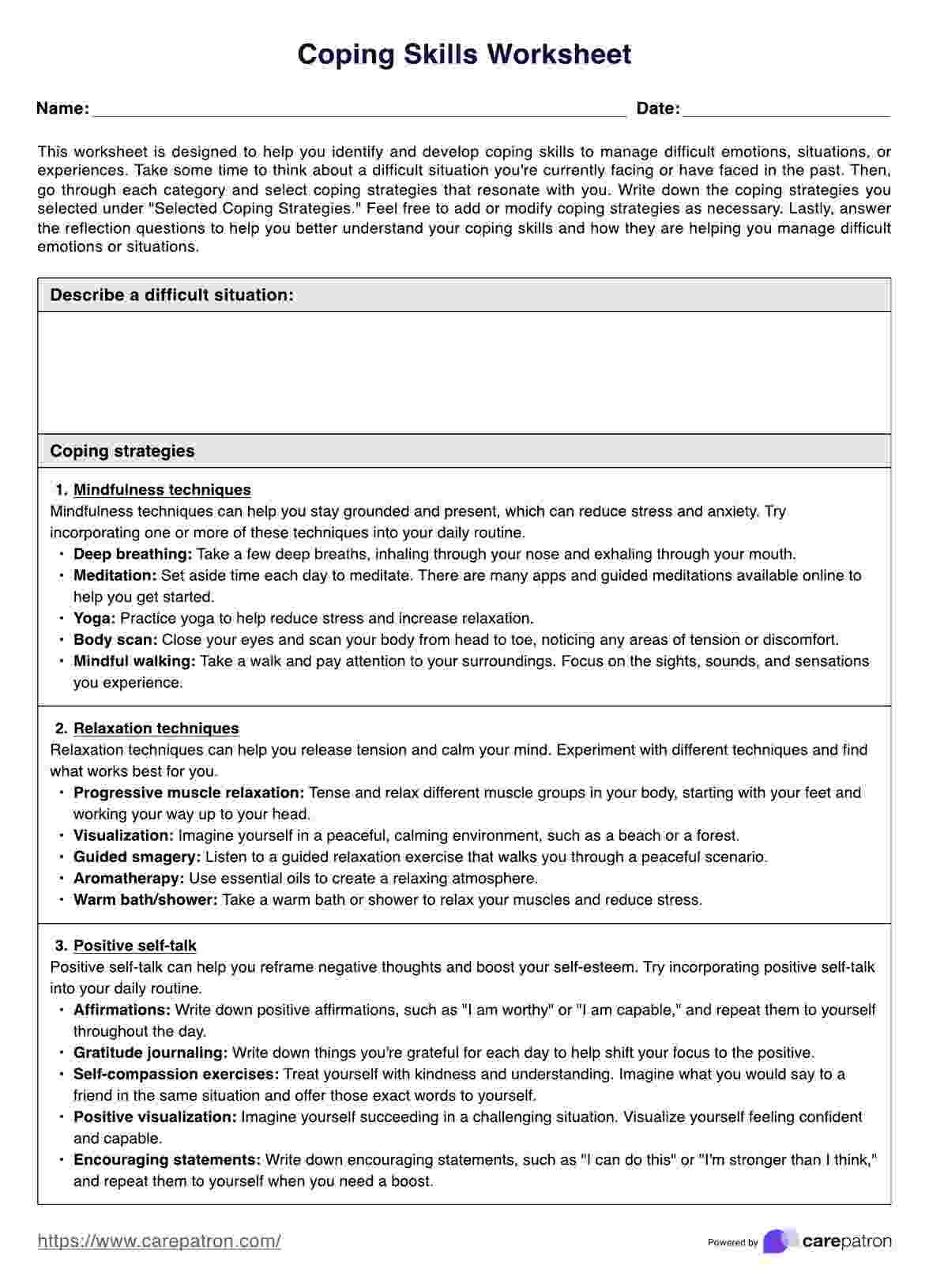 Coping Skills Worksheets PDF Example