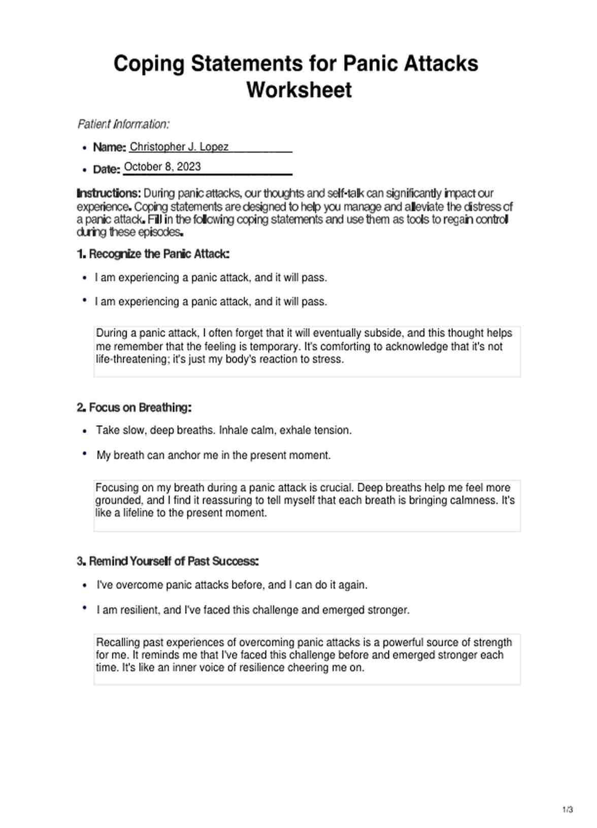 Coping Statements for Panic Attacks Worksheet PDF Example