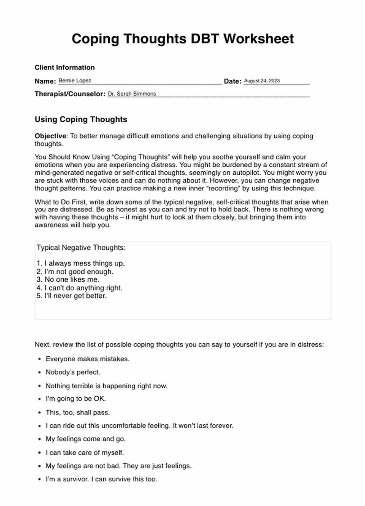 Coping Thoughts DBT Worksheet PDF Example