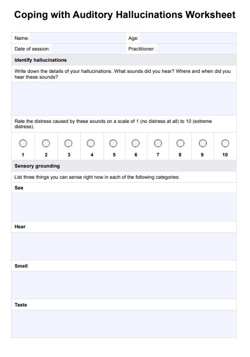 Coping with Auditory Hallucinations Worksheet PDF Example