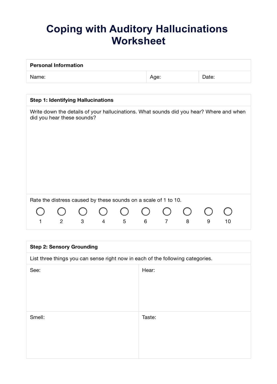 Coping with Auditory Hallucinations Worksheet PDF Example