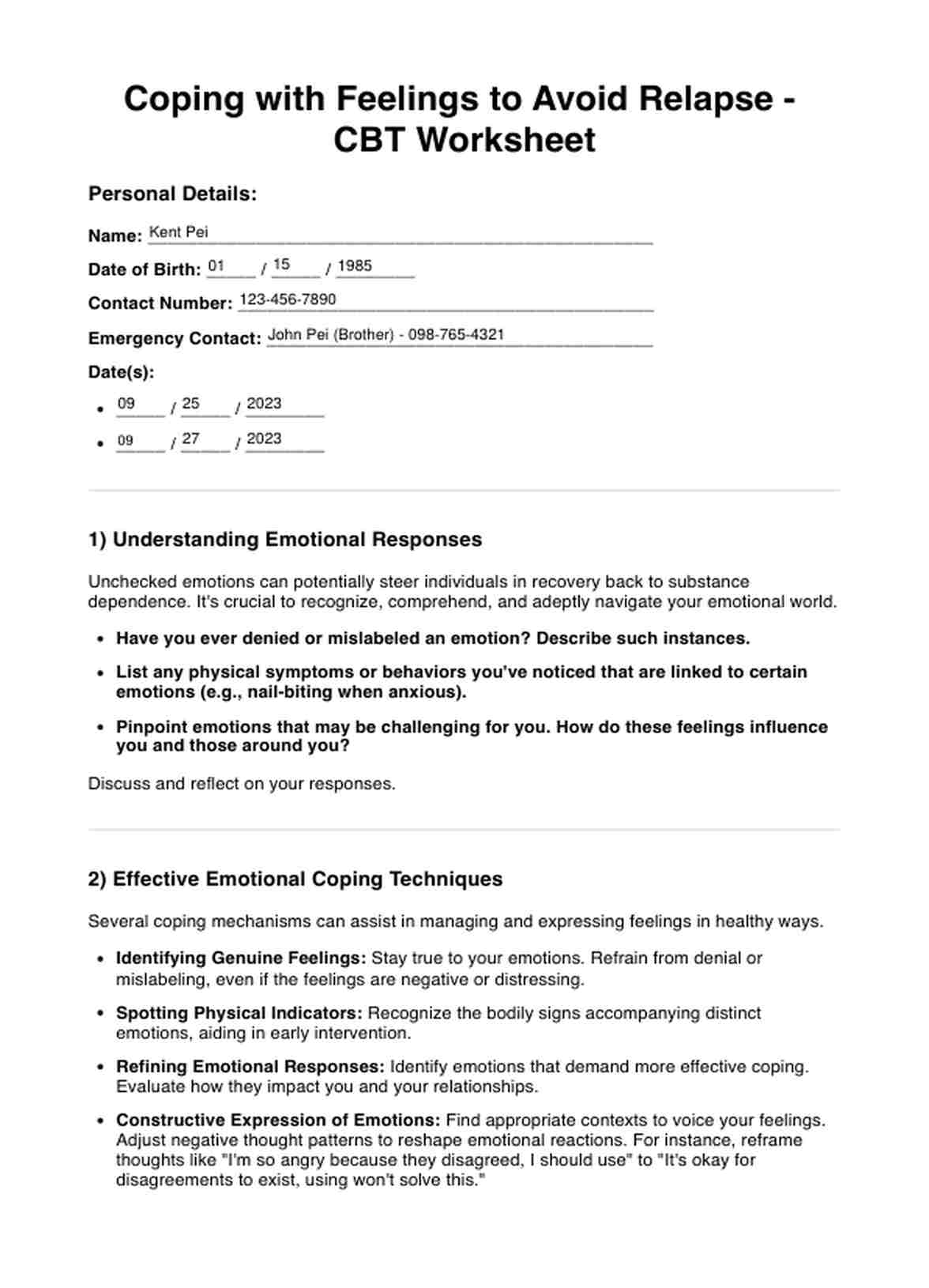 Coping with Feelings to Avoid Relapse CBT Worksheet PDF Example