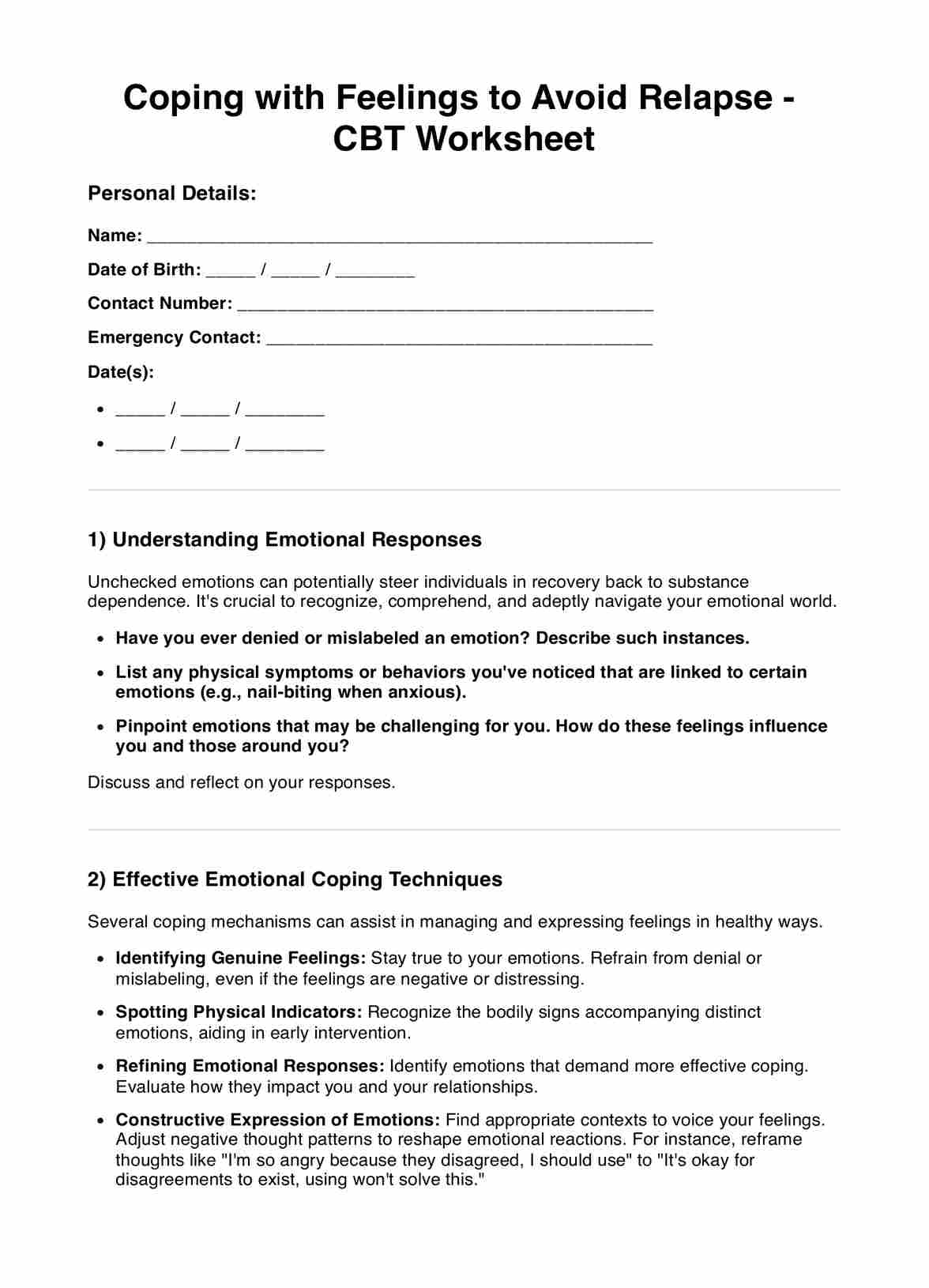 Coping with Feelings to Avoid Relapse CBT Worksheet PDF Example