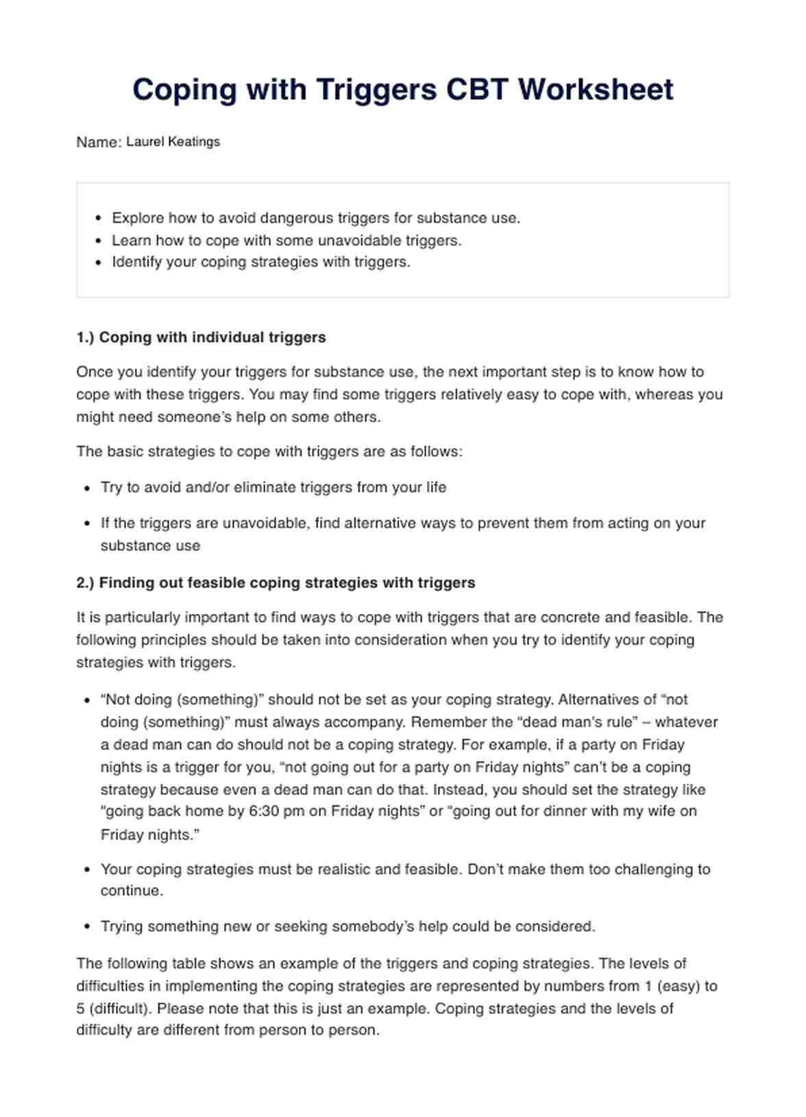 Coping with Triggers CBT Worksheets PDF Example