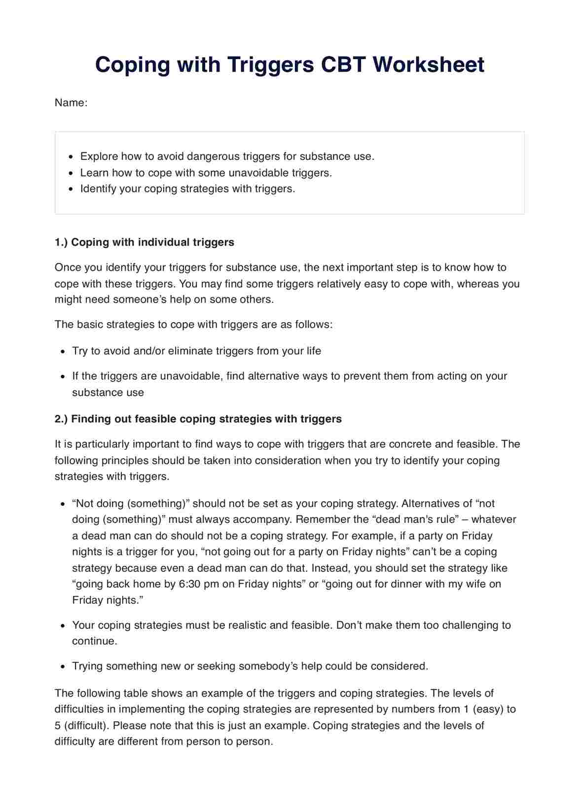 Coping with Triggers CBT Worksheets PDF Example