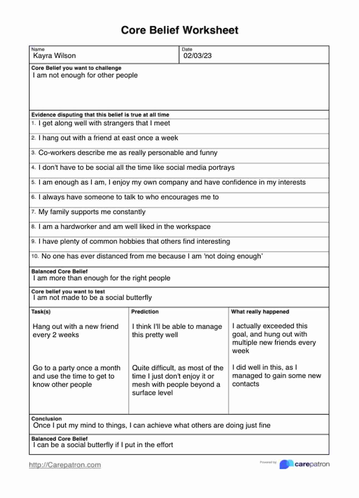 Core Beliefs Worksheets PDF Example