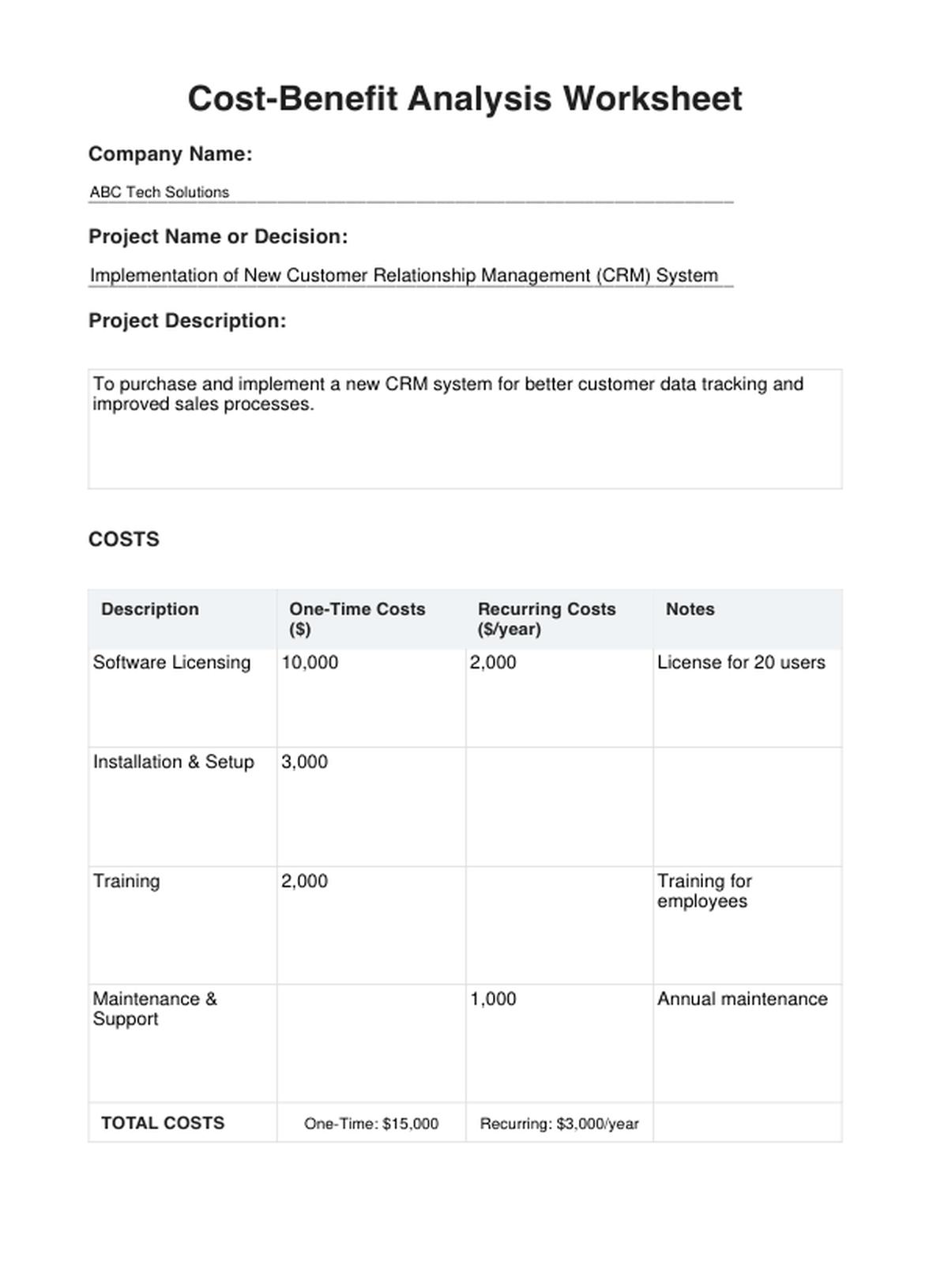Cost Benefit Analysis Worksheet PDF Example