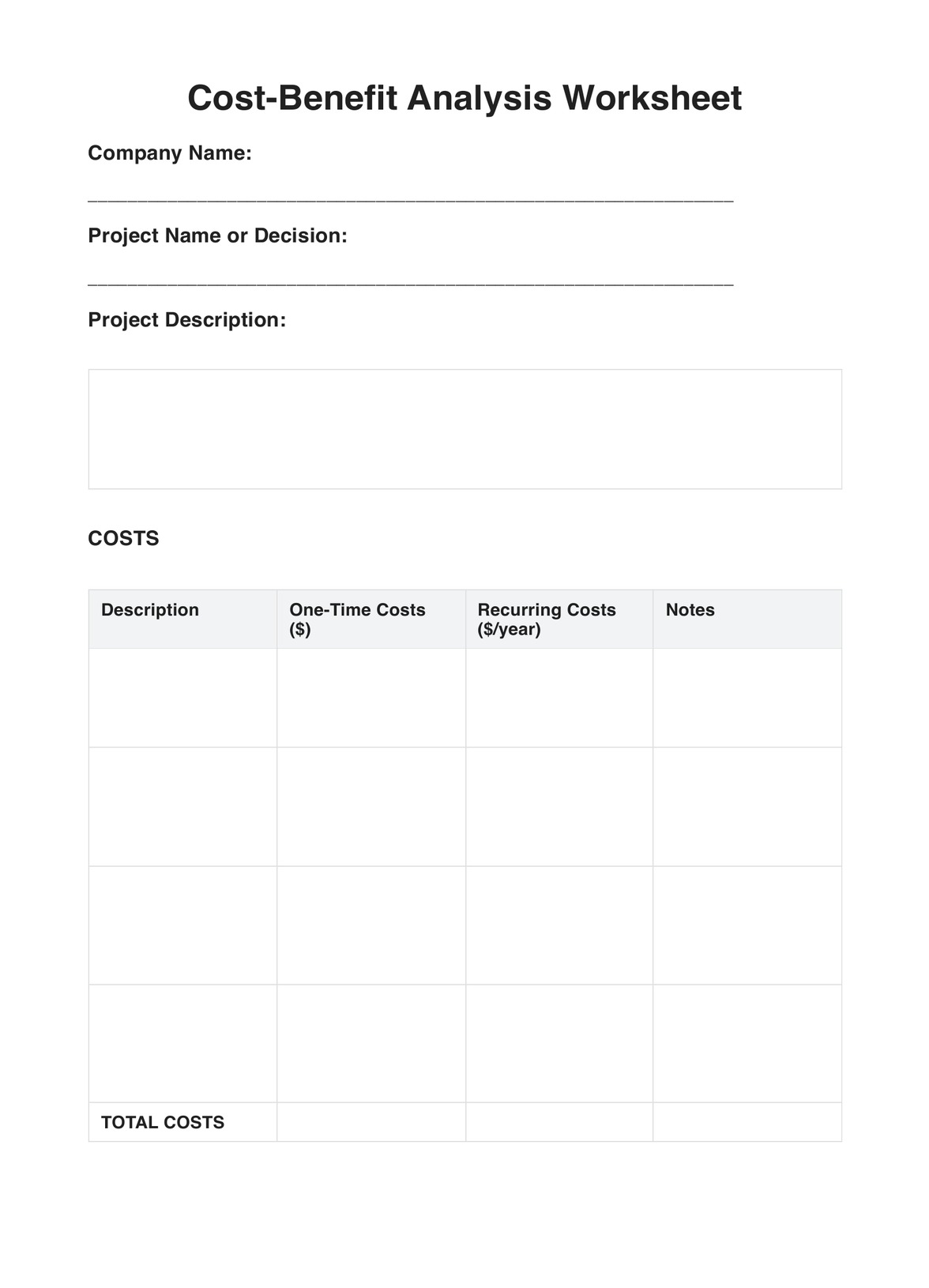 Cost Benefit Analysis Worksheet PDF Example