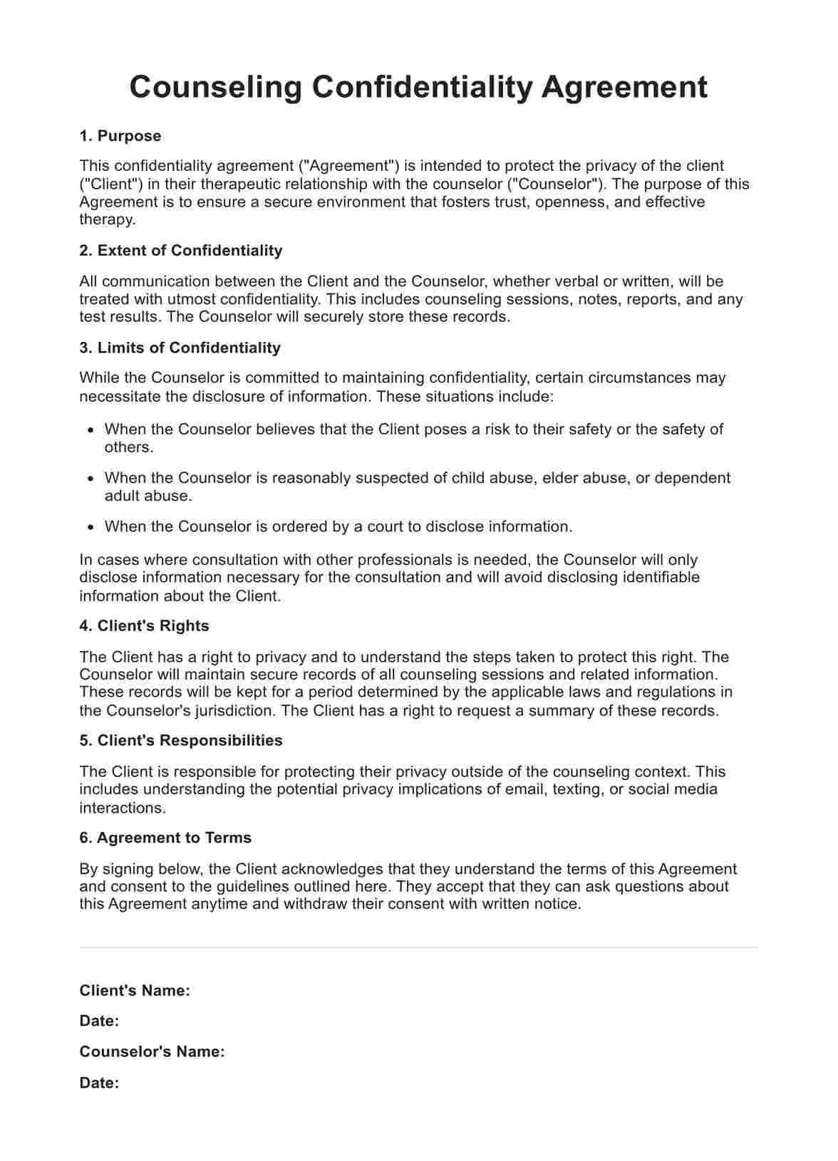 Counseling Confidentiality Agreements PDF Example