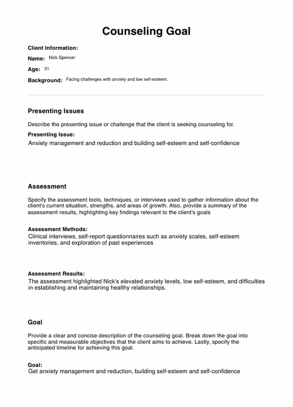 Counseling Goal Template PDF Example