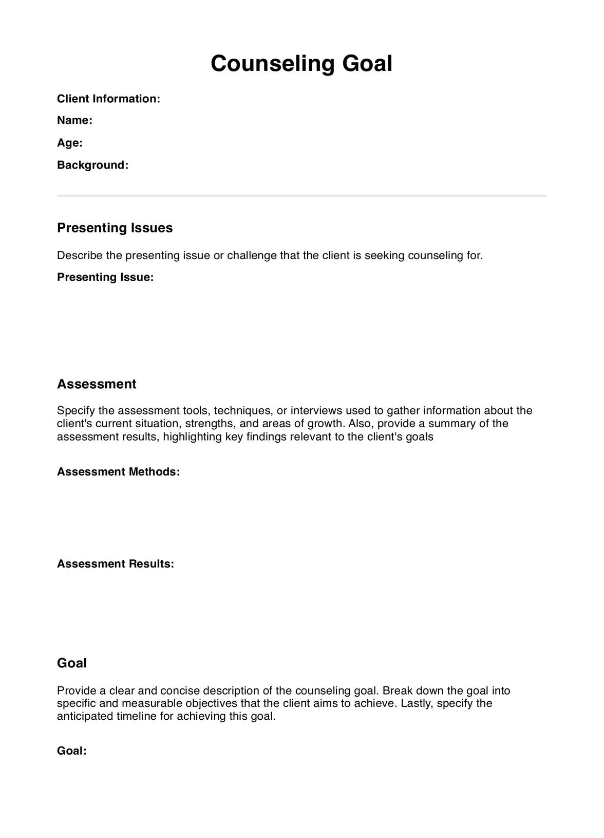 Counseling Goal Template PDF Example