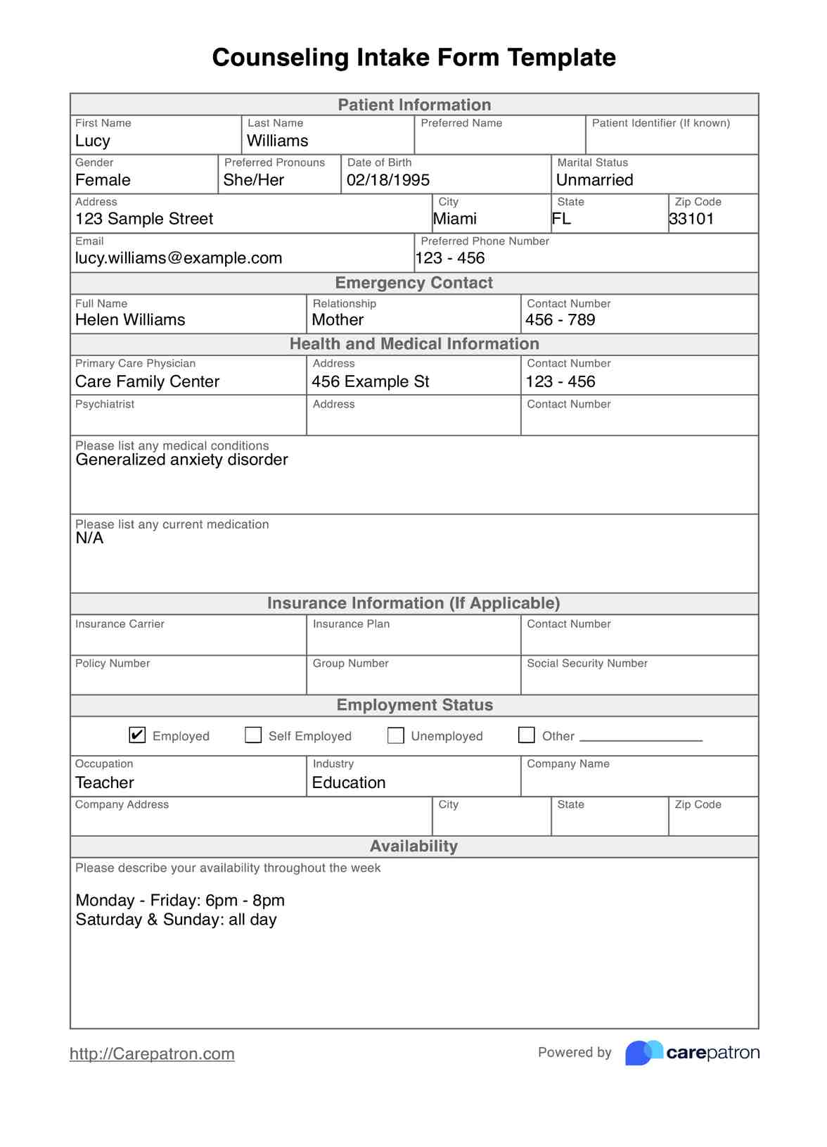 Counseling Intake Form Template PDF Example