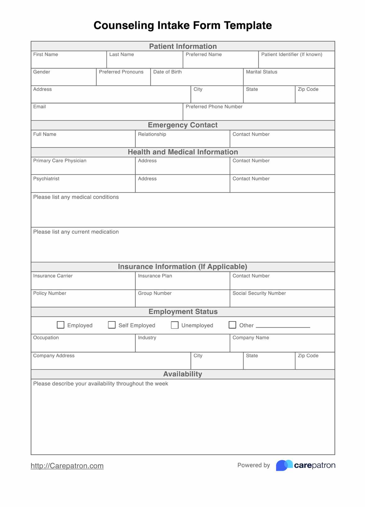 Counseling Intake Form Template PDF Example