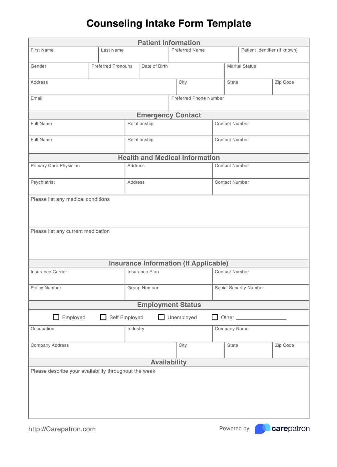 Counseling Intake Form PDF Example