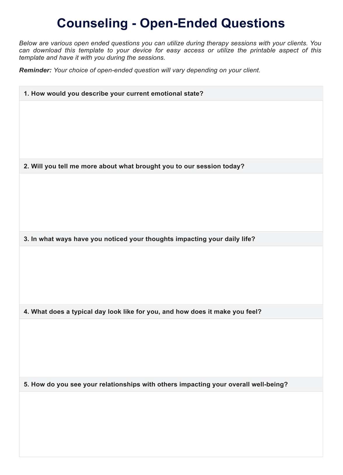 Counseling Open-Ended Questions PDF PDF Example