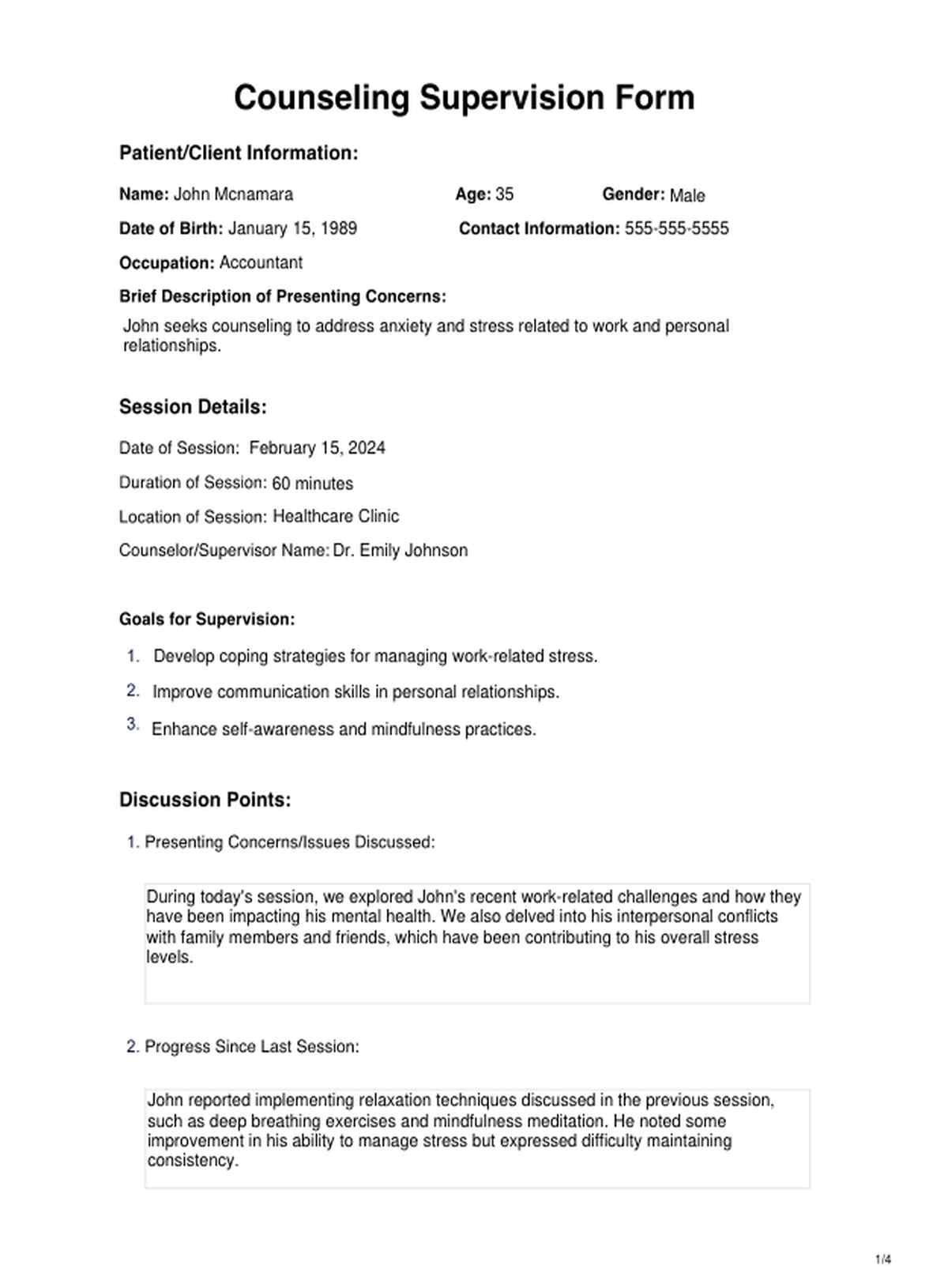 Counseling Supervision Form PDF Example
