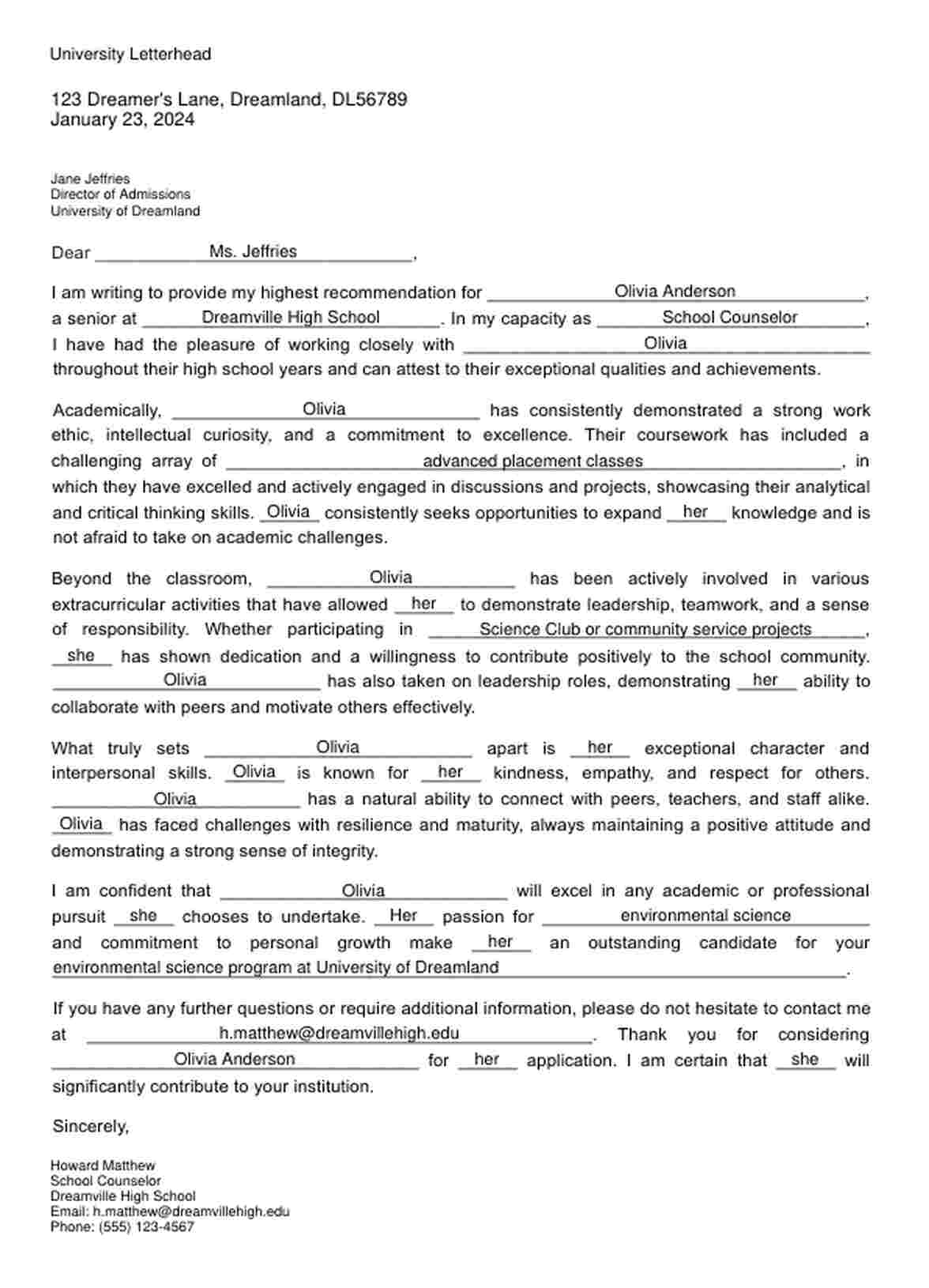 Counselor Recommendation Letter PDF Example