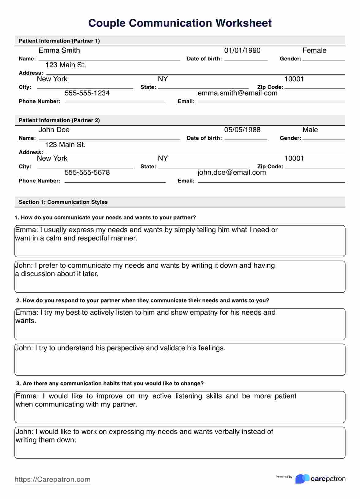 Couple Communication Worksheet PDF Example