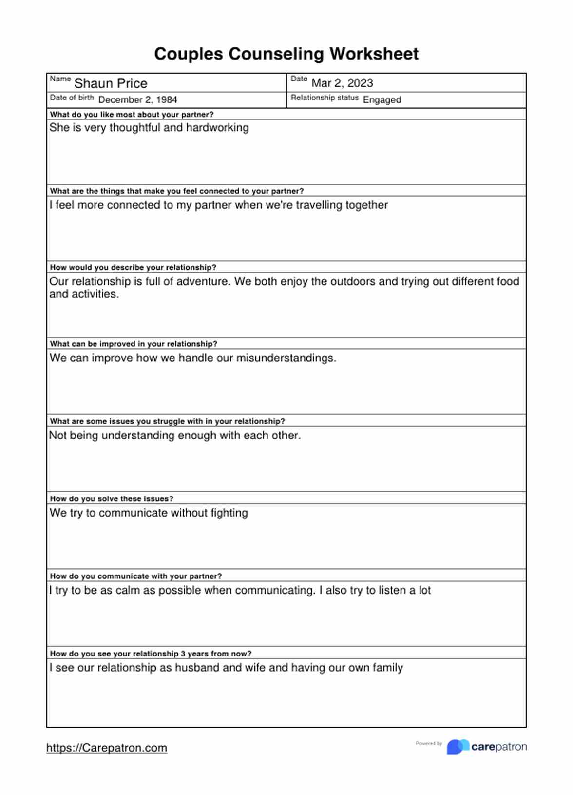 Couples Counseling Worksheets PDF Example