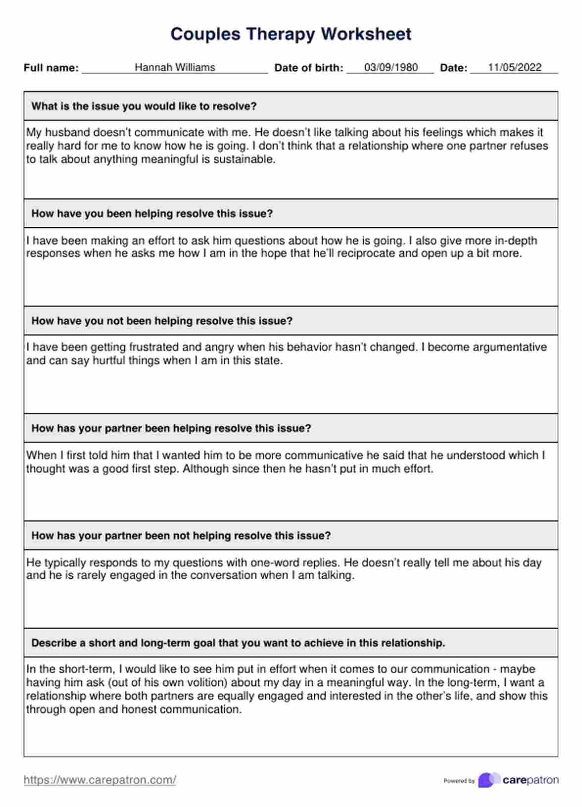 Couples Therapy Worksheet Template PDF Example