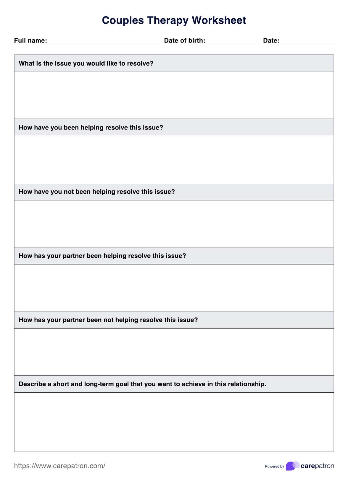 Couples Therapy Worksheet Template PDF Example