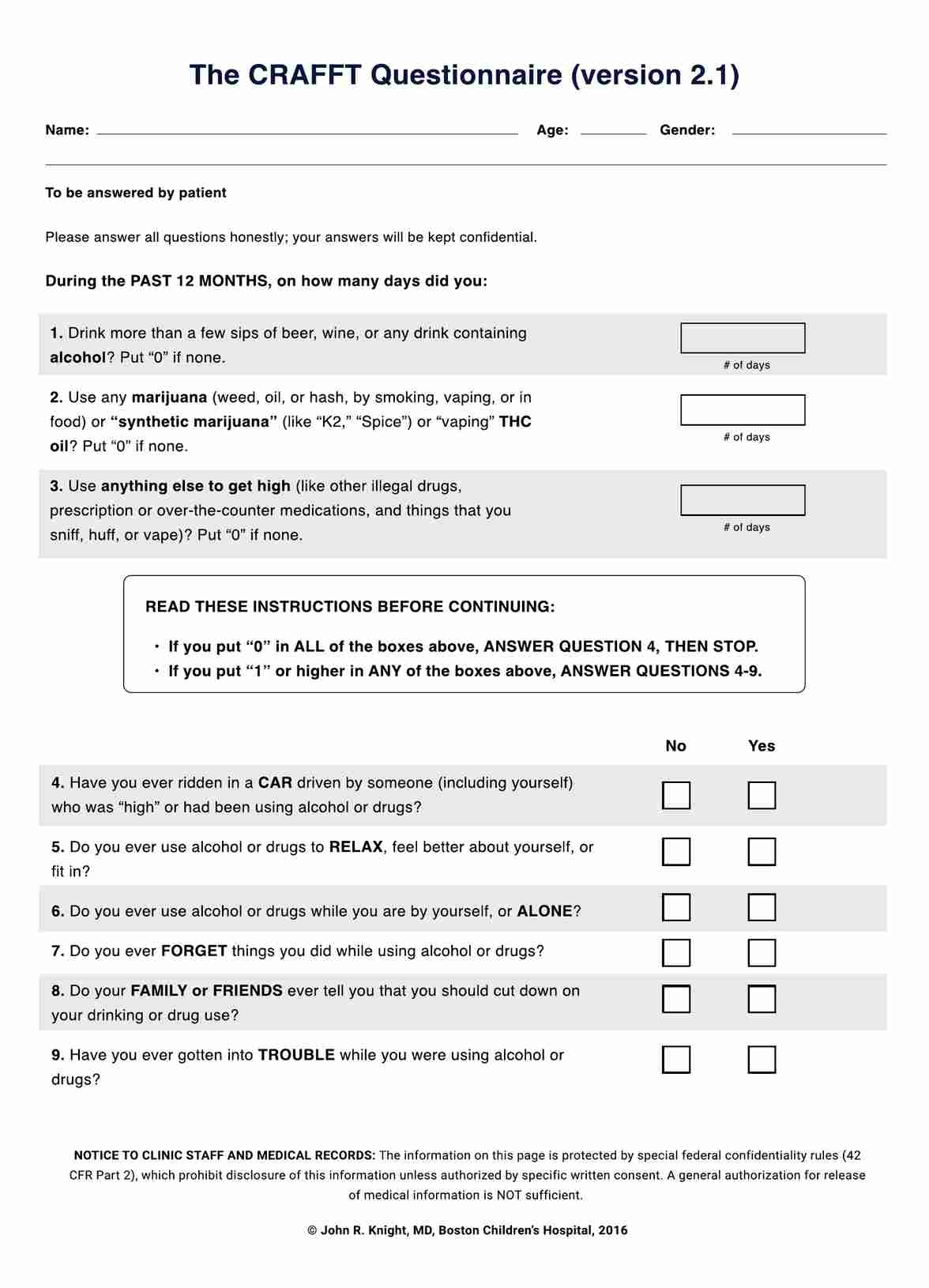 CRAFFT Questionnaires PDF Example