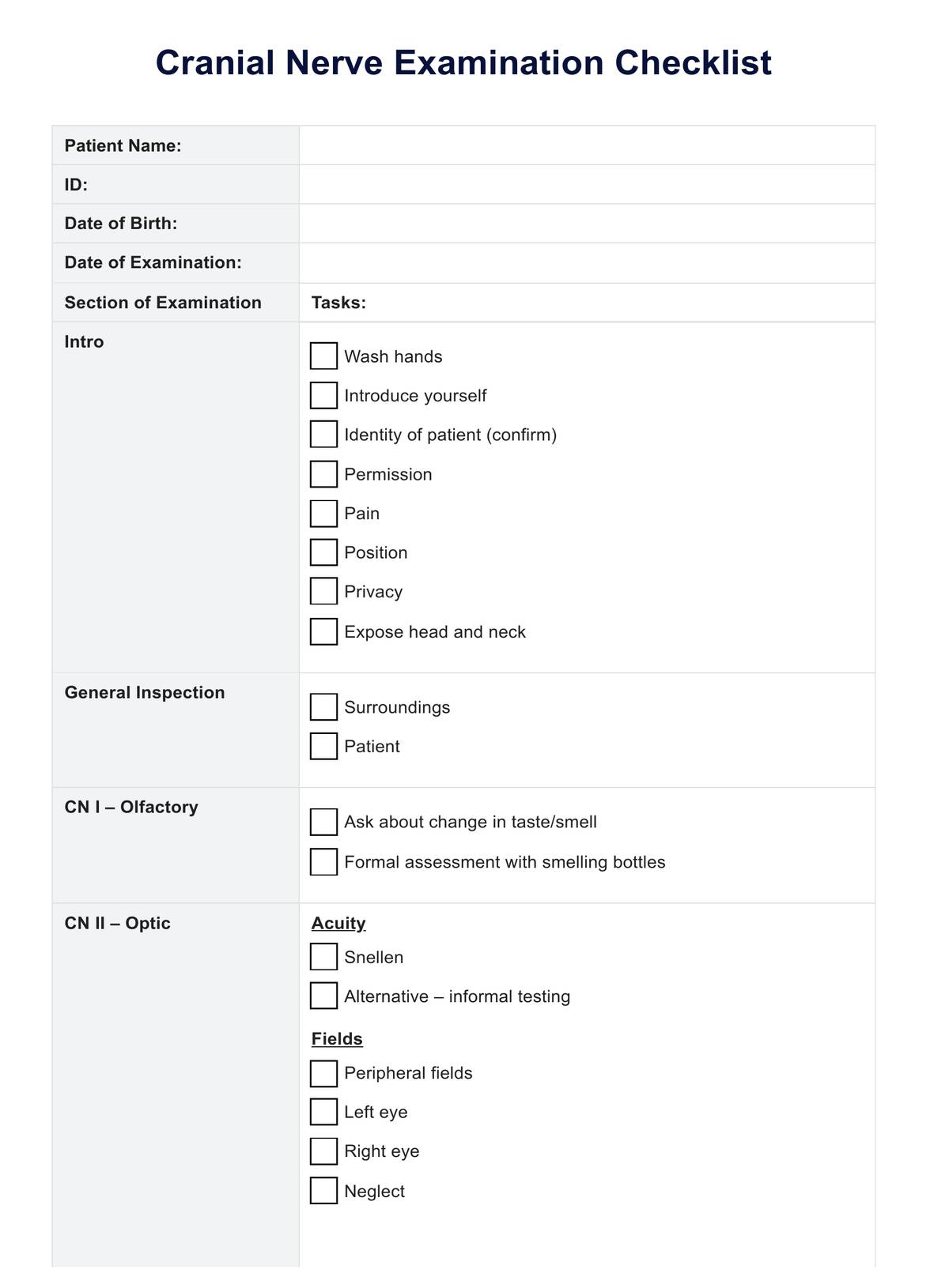 Cranial Nerve Examination Checklist PDF Example