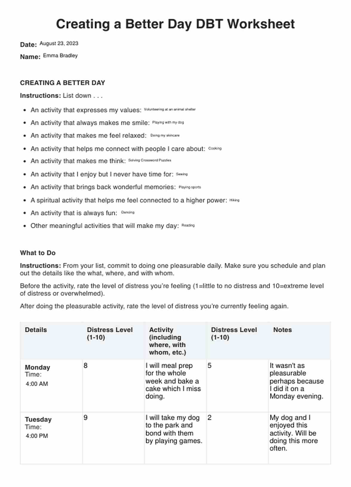 Creating a Better Day DBT Worksheet PDF Example
