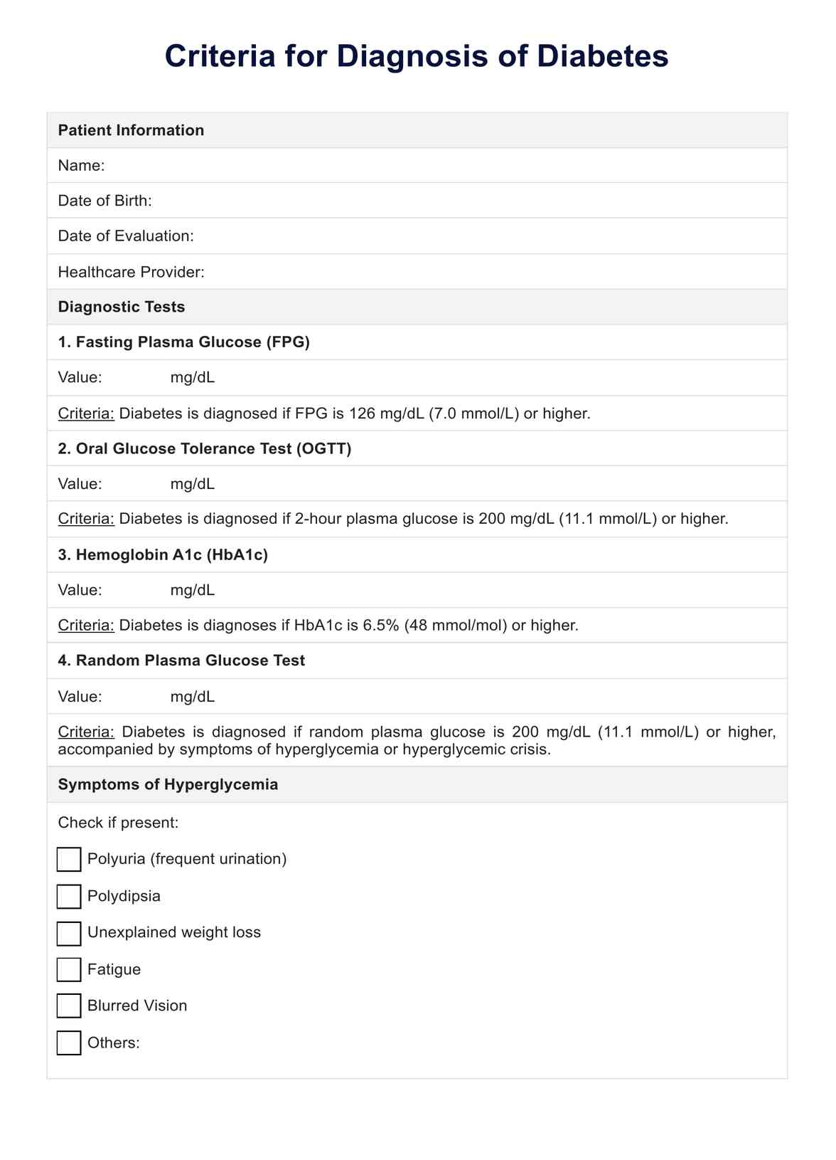 Criteria for Diagnosis of Diabetes PDF Example