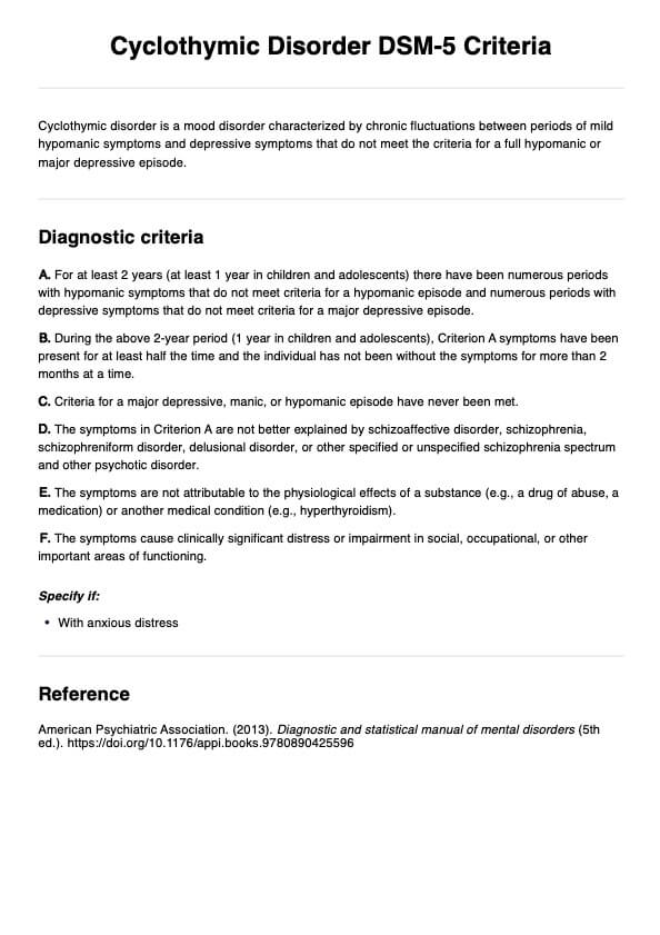 Cyclothymic Disorder DSM-5 Criteria PDF Example