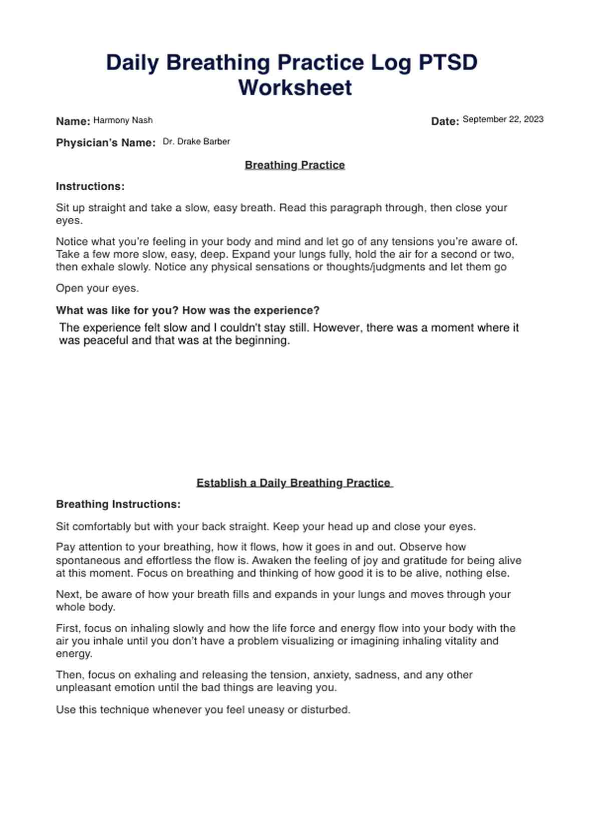 Daily Breathing Practice Log PTSD Worksheet PDF Example